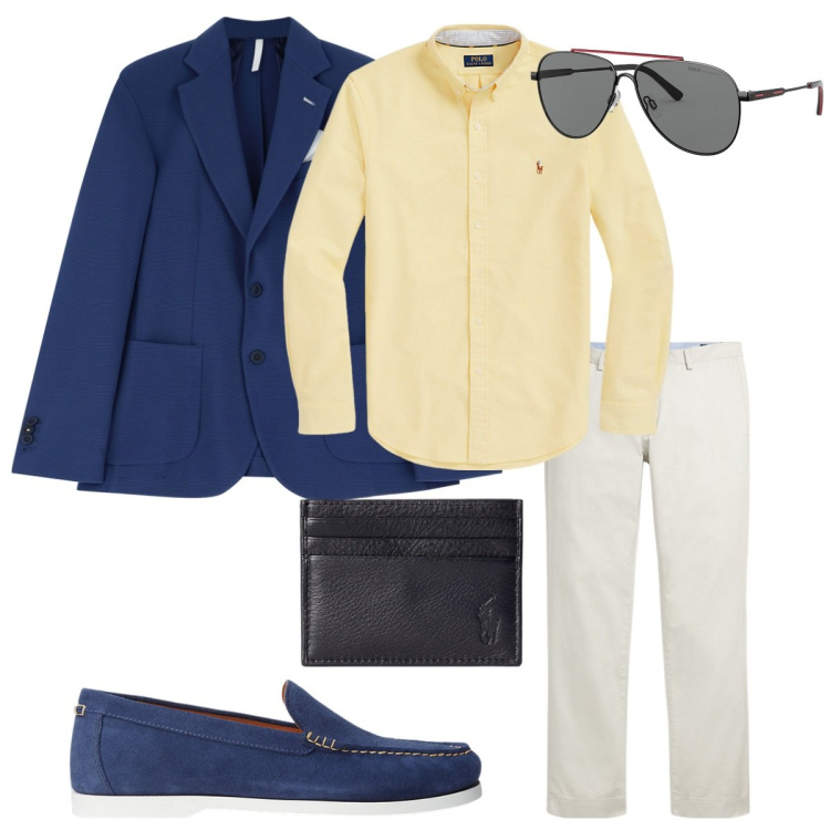 Outfit uomo - Completi spezzati estivi. Stile Casual per Serata speciale. Abbinamento con giacche, occhiali da sole, camicie, scarpe stringate, pantaloni chino, portafogli.