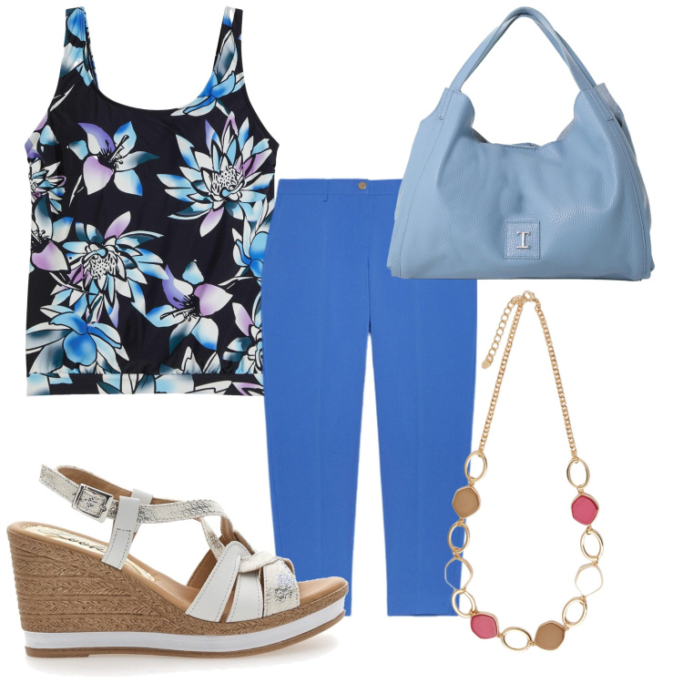 Outfit donna - Un giro al pomeriggio. Stile Casual per Tutti i giorni. Abbinamento con top, pochette, zeppe, pantaloni chino, collane.