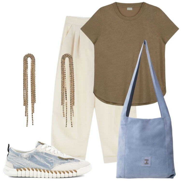 Outfit donna - A volte basta poco. Stile Minimal per Tutti i giorni. Abbinamento con orecchini, pantaloni, borse a tracolla, sneakers, t-shirt.