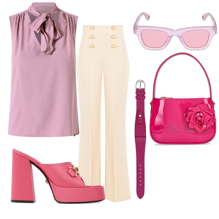 Outfit donna - Un tocco vivace. Stile Romantica per Tutti i giorni. Abbinamento con top, pantaloni, orologi, occhiali da sole, borse a mano, pantofole.