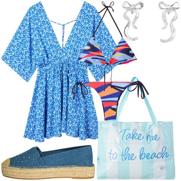 Outfit donna - Vacanze in Riviera Terranova. Stile Casual chic per Mare. Abbinamento con vestiti corti, espadrillas, bikini, orecchini, borse tote, bikini.