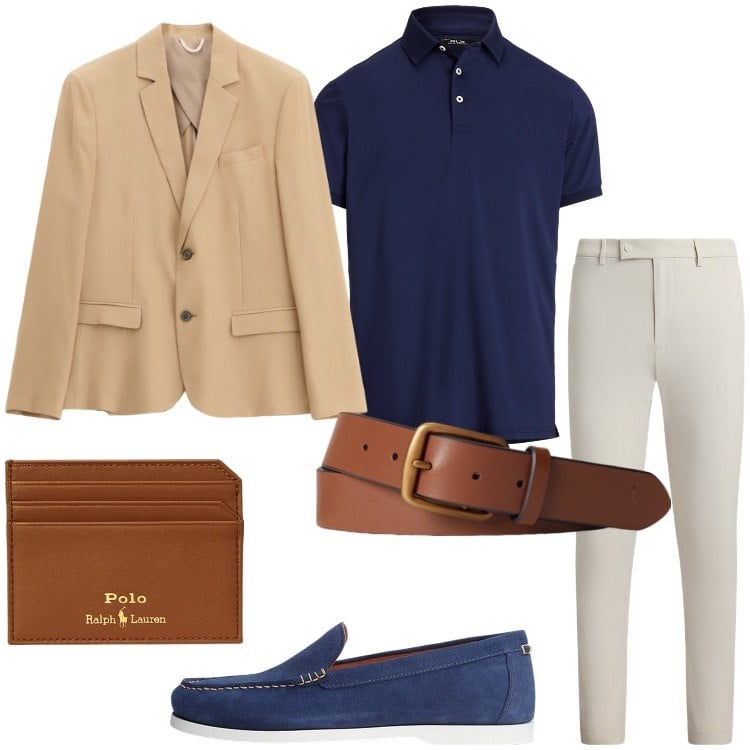 Outfit uomo - Polo in maglia leggera. Stile Business/Elegante per Serata speciale. Abbinamento con giacche, scarpe stringate, cinture, portafogli, pantaloni, polo.