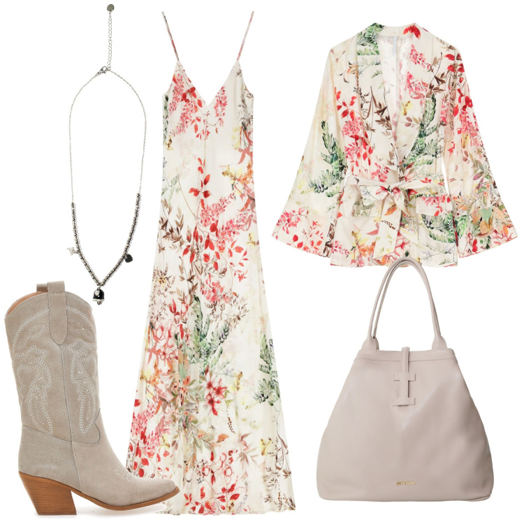 Outfit donna - Lungo coordinato. Stile Romantica per Serata fuori. Abbinamento con blazer, vestiti lunghi, borse tote, ciondoli, stivaletti texani.