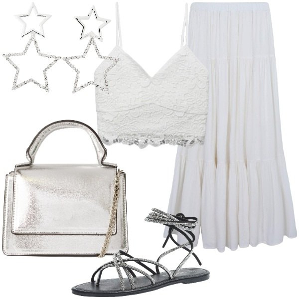 Outfit donna - Terranova in Vacanza. Stile Casual chic per Serata fuori. Abbinamento con gonne lunghe, canottiere, sandali alla schiava, borse a tracolla, orecchini.