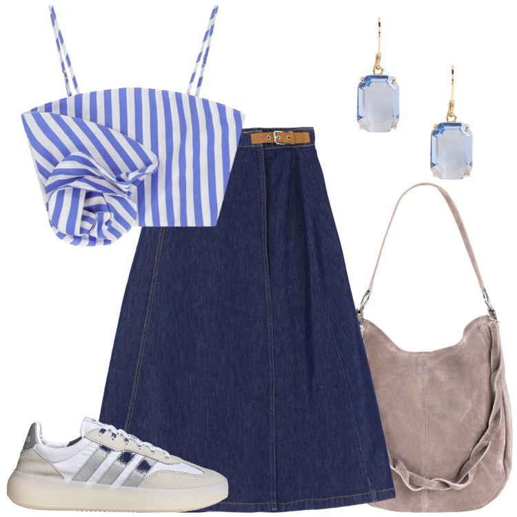 Outfit donna - Il pomeriggio. Stile Sporty chic per Tutti i giorni. Abbinamento con borse a mano, gonne lunghe, canottiere, orecchini, sneakers.