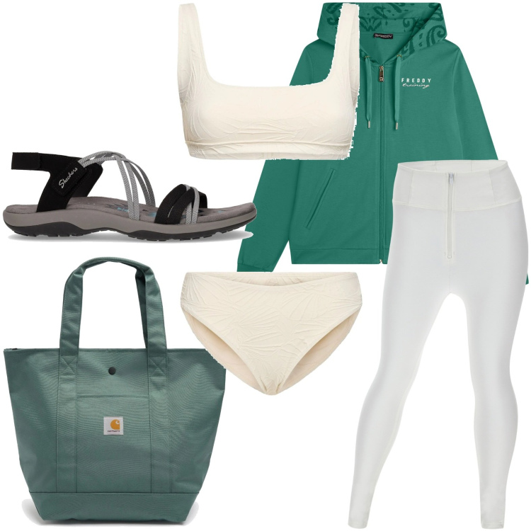 Outfit donna - Yoga in spiaggia. Stile Trendy per Mare. Abbinamento con felpe con cappuccio, pantaloni skinny, sandali, bikini, bikini, borse tote.