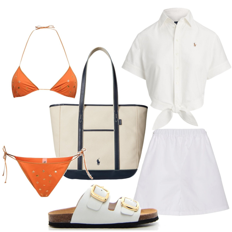Outfit donna - Eleganza marittima. Stile Casual per Mare. Abbinamento con borse tote, camicie, ciabatte, bikini, shorts.