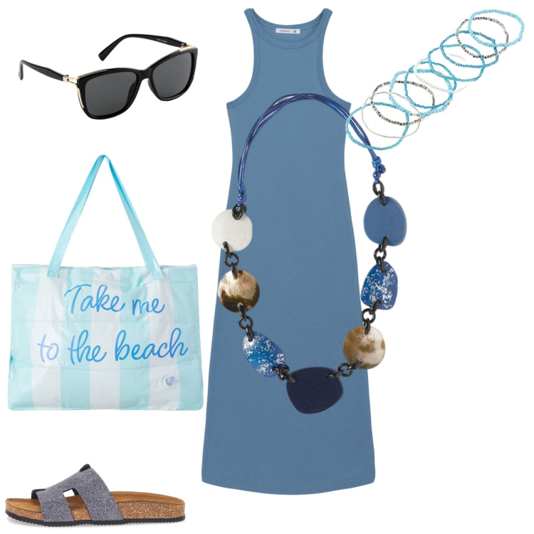 Outfit donna - Total look #2217519. Stile Chic Abbinamento con occhiali da sole, braccialetti, vestiti lunghi, borse tote, ciabatte, collane.