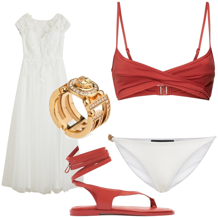 Outfit donna - Cocktail in spiaggia. Stile Glamour per Mare. Abbinamento con vestiti, anelli, sandali in pelle, bikini, bikini.