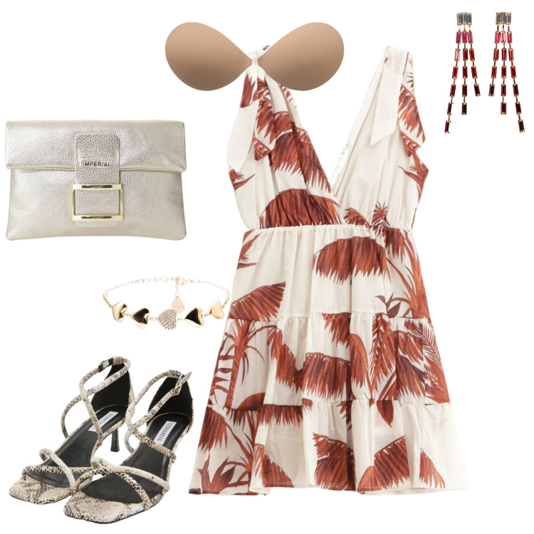 Outfit donna - Total look #2217574. Stile Chic Abbinamento con orecchini, sandali col tacco, reggiseni, vestiti corti, pochette, braccialetti.