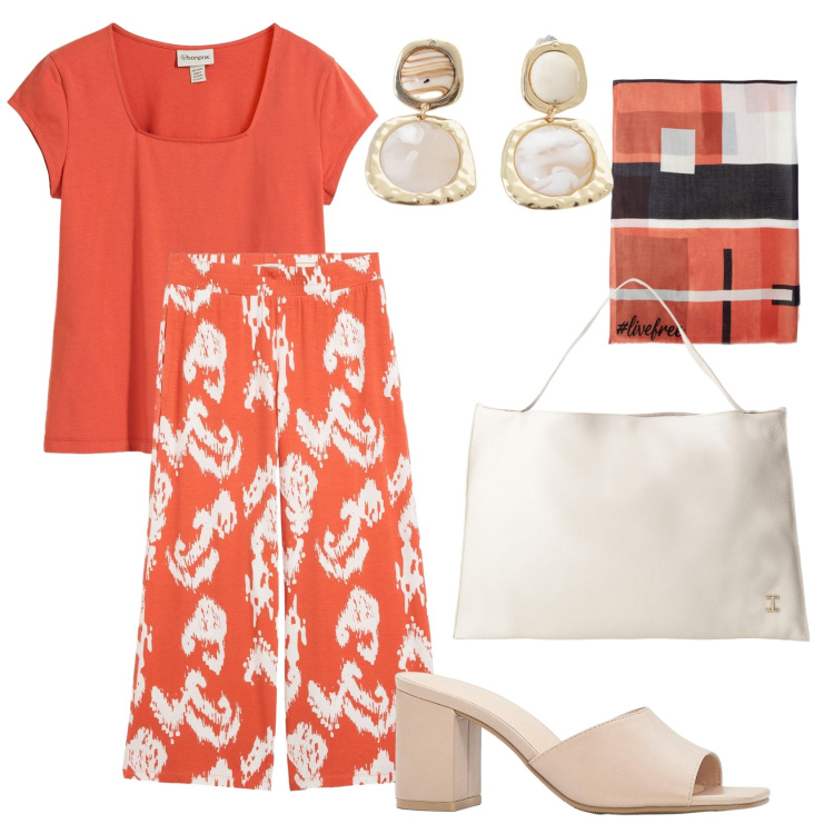 Outfit donna - Arancione per l\'estate. Stile Casual chic per Tutti i giorni. Abbinamento con pantaloni, sandali col tacco, t-shirt, borse a spalla, orecchini, sciarpe.