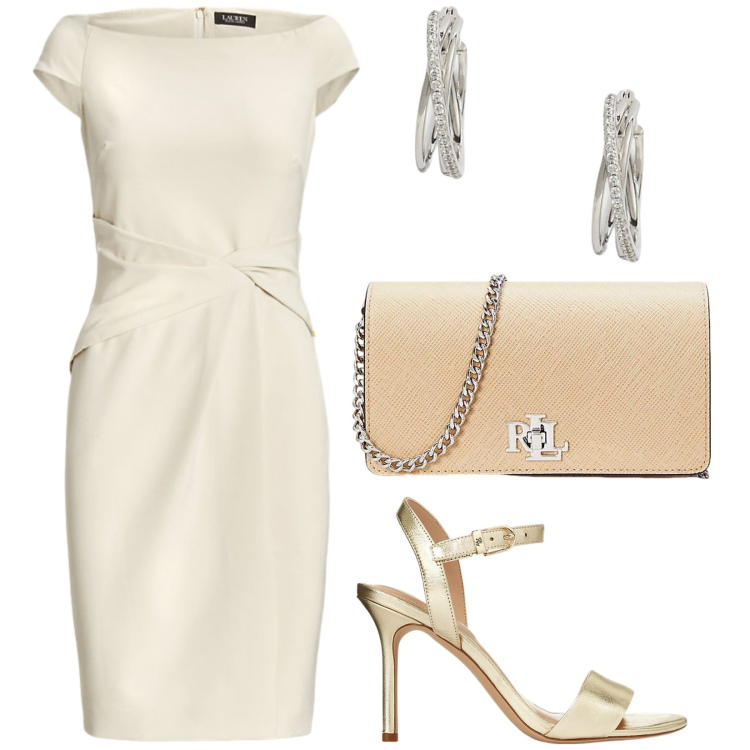Outfit donna - Total look #2217635. Stile Chic per Cerimonia. Abbinamento con vestiti, borse a tracolla, sandali in pelle, orecchini.