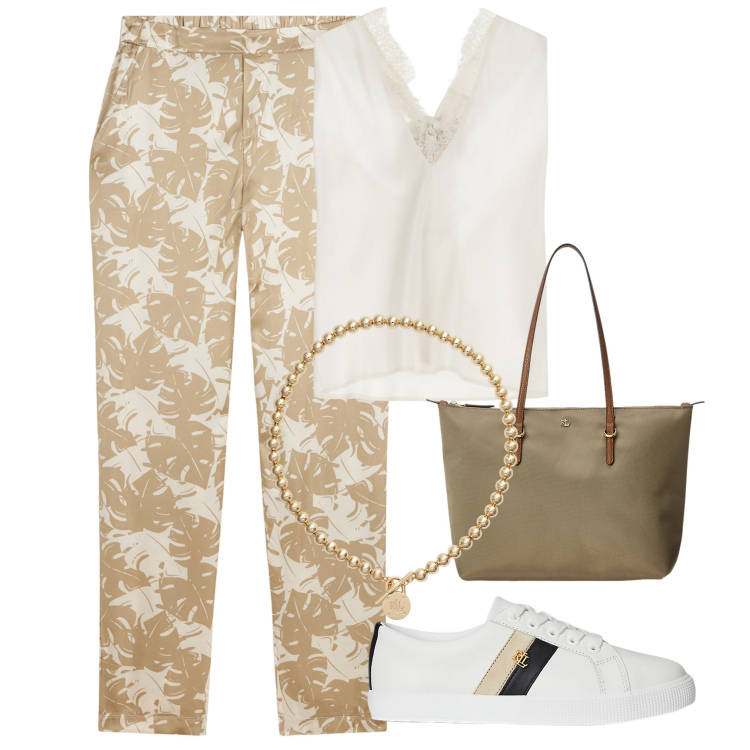 Outfit donna - Comoda, ma chic. Stile Casual chic per Tutti i giorni. Abbinamento con top, pantaloni, collane, borse tote, sneakers.