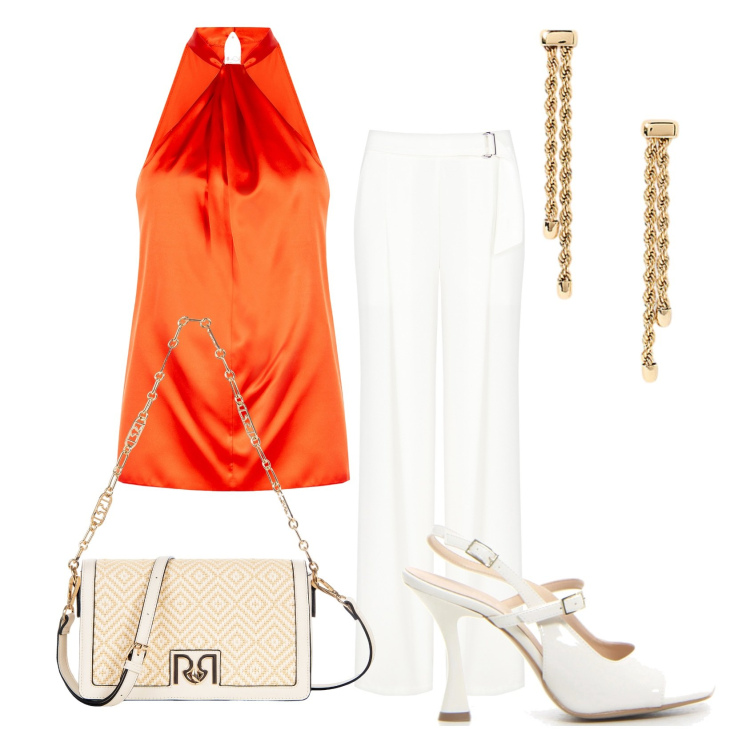 Outfit donna - Elegante per la sera. Stile Chic per Serata fuori. Abbinamento con top, pantaloni, borse a tracolla, orecchini, sandali col tacco.