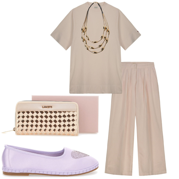 Outfit donna - Color sabbia. Stile Casual chic per Ufficio. Abbinamento con vestiti lunghi, ballerine, portafogli, pantaloni, collane.