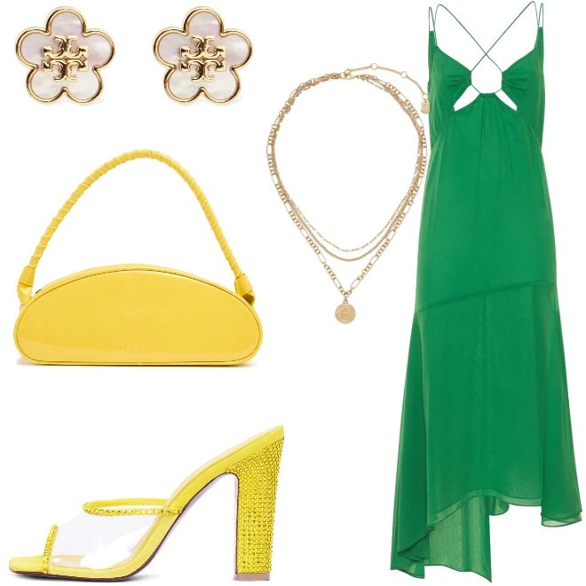 Outfit donna - Sere d\'estate. Stile Casual chic per Serata fuori. Abbinamento con ciondoli, pantofole, orecchini, borse a spalla, vestiti midi/longuette.