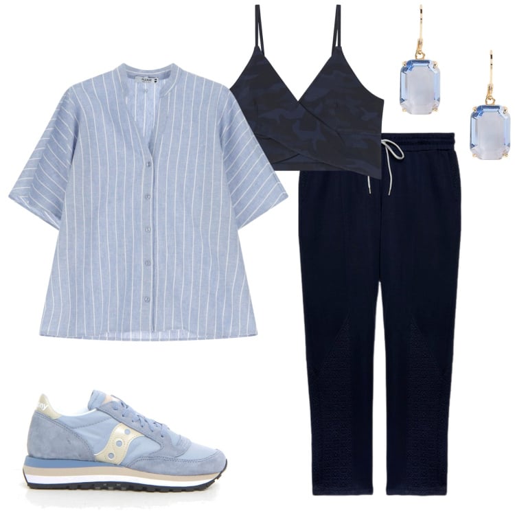 Outfit donna - In città. Stile Casual per Tutti i giorni. Abbinamento con camicie a manica corta, top, orecchini, pantaloni, sneakers.