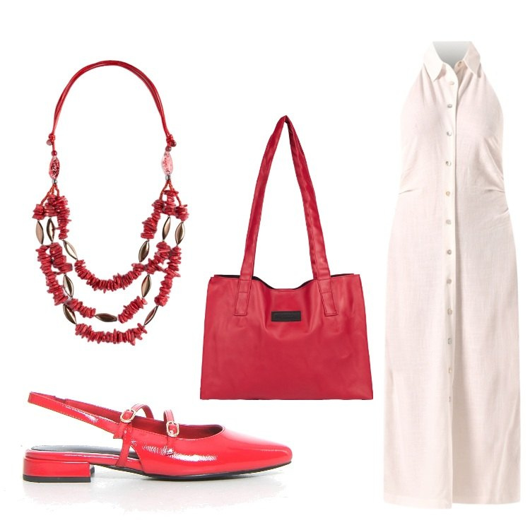 Outfit donna - Corallo. Stile Chic per Ufficio. Abbinamento con vestiti chemisier, shopping bag, collane, sandali in pelle.