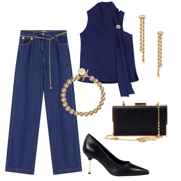 Outfit donna - Chic in jeans. Stile Casual chic per Serata fuori. Abbinamento con décolleté, pochette, jeans, top, braccialetti, orecchini.