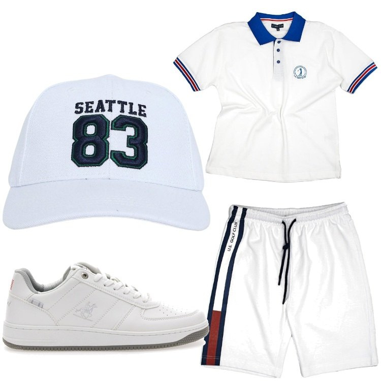 Outfit uomo - Bianco per lo sport. Stile Casual per Tutti i giorni. Abbinamento con cappelli, polo, sneakers, pantaloni corti.