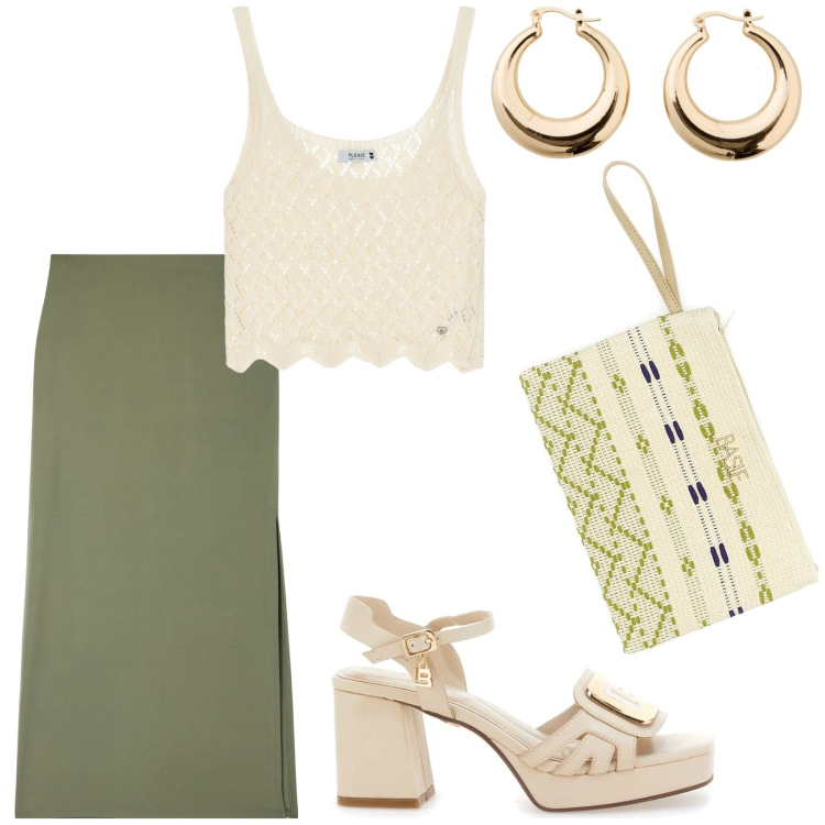 Outfit donna - Total look #2217786. Stile Etnico per Serata fuori. Abbinamento con orecchini, gonne lunghe, top, sandali col tacco, pochette.