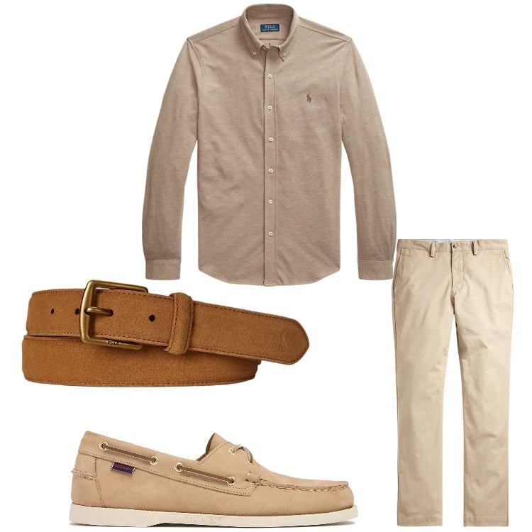 Outfit uomo - Estate beige. Stile Business/Elegante per Ufficio. Abbinamento con pantaloni, camicie, cinture, scarpe stringate.