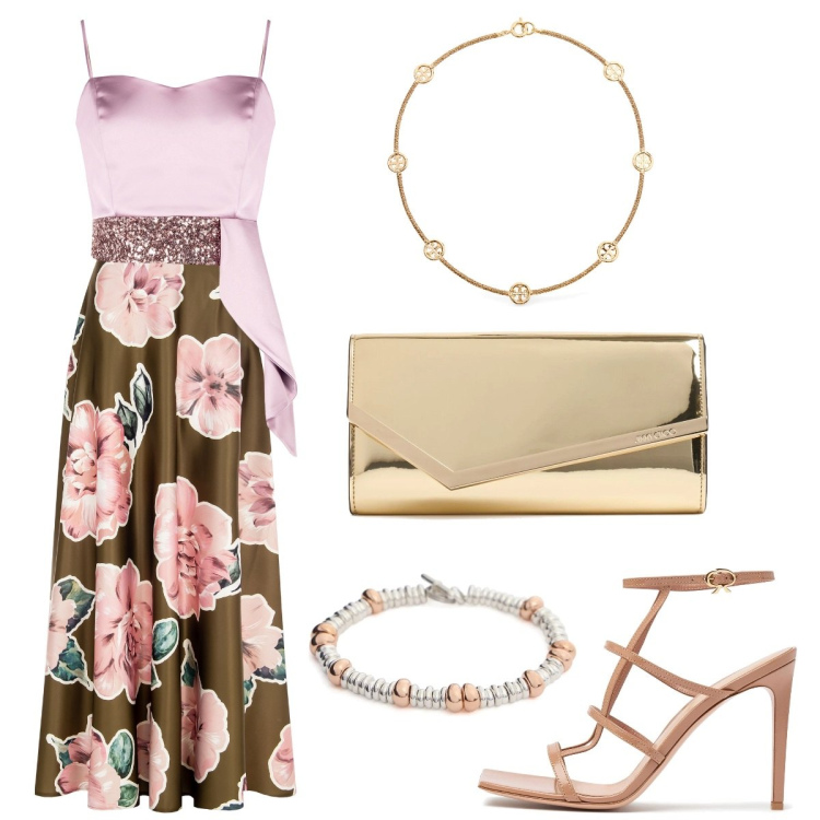 Outfit donna - Finalmente io & V. Stile Glamour per Cerimonia. Abbinamento con top, gonne, pochette, braccialetti, collane, sandali in pelle.