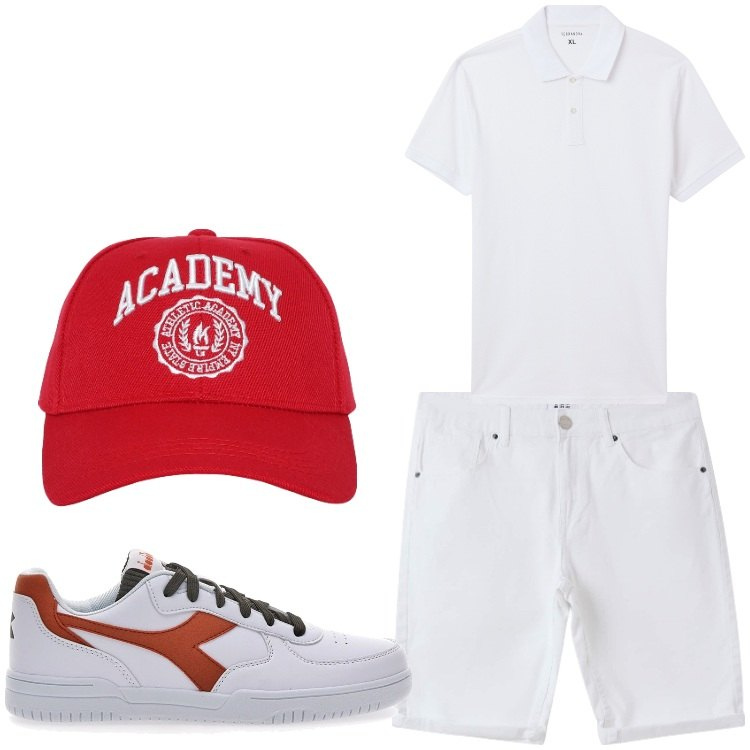 Outfit uomo - Bianco e rosso. Stile Casual per Tutti i giorni. Abbinamento con cappelli, polo, bermuda, sneakers.