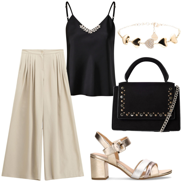 Outfit donna - Total look #2217841. Stile Chic per Serata fuori. Abbinamento con borse a tracolla, canottiere, pantaloni a palazzo, braccialetti, sandali col tacco.