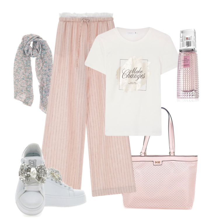 Outfit donna - Luminosa di giorno. Stile Urban per Tutti i giorni. Abbinamento con profumi, t-shirt, pantaloni, sneakers, borse a spalla, foulard.