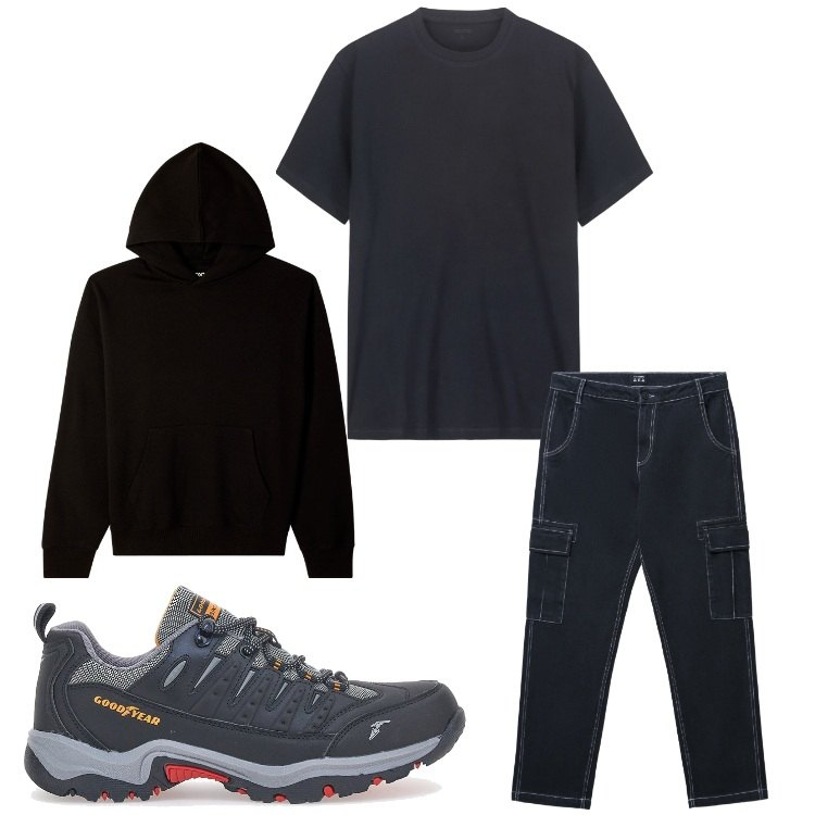 Outfit uomo - Salire sul monte Falterona. Stile Casual per Sport. Abbinamento con pantaloni cargo, felpe con cappuccio, t-shirt, scarpe sportive.