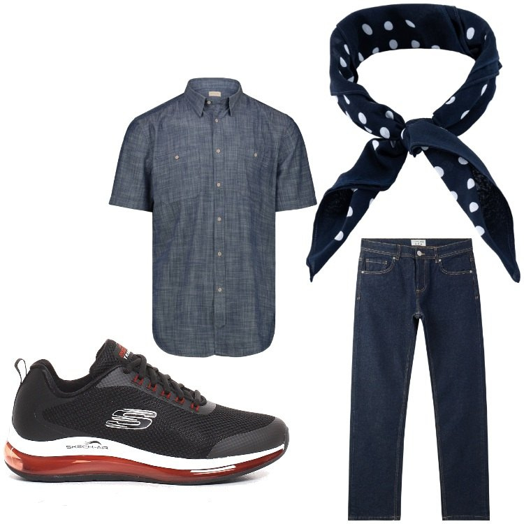 Outfit uomo - Comodamente in jeans. Stile Casual per Tutti i giorni. Abbinamento con jeans, sciarpe e foulard, camicie a manica corta, sneakers.