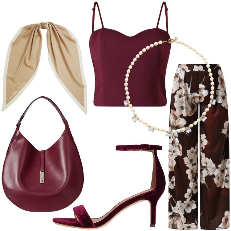 Outfit donna - Sandali estivi: estate ai tuoi piedi. Stile Chic per Serata fuori. Abbinamento con pantaloni a palazzo, top, borse a spalla, sandali in pelle, collane, foulard.