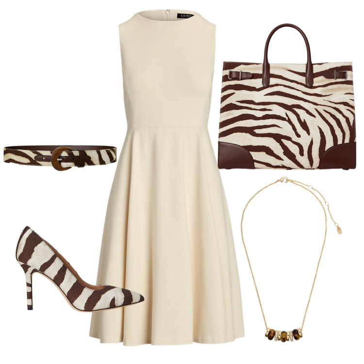 Outfit donna - Animalier. Stile Glamour per Serata fuori. Abbinamento con vestiti senza maniche, collane, borse tote, décolleté, cinture.