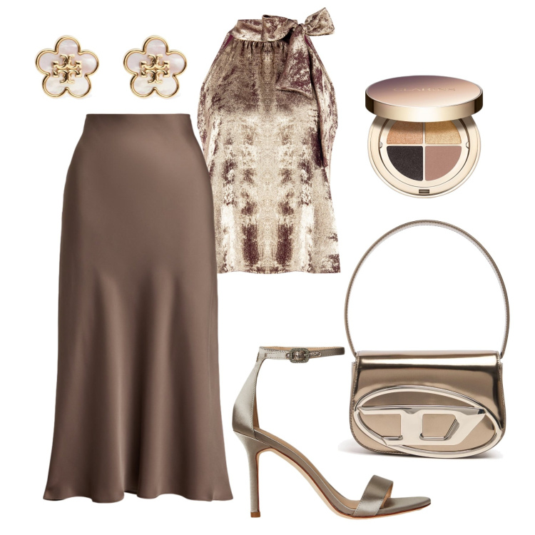 Outfit donna - Evento per le sere estive. Stile Chic per Cerimonia. Abbinamento con ombretti, top, sandali col tacco, gonne, orecchini, borse a spalla.