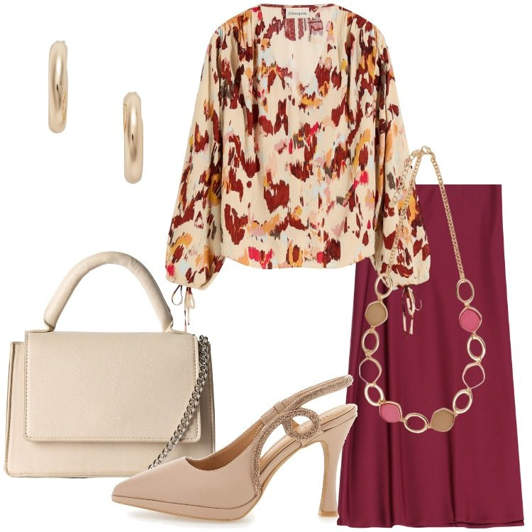 Outfit donna - Un outfit per la mamma. Stile Chic per Serata fuori. Abbinamento con bluse, borse a tracolla, gonne longuette, orecchini, collane, décolleté.