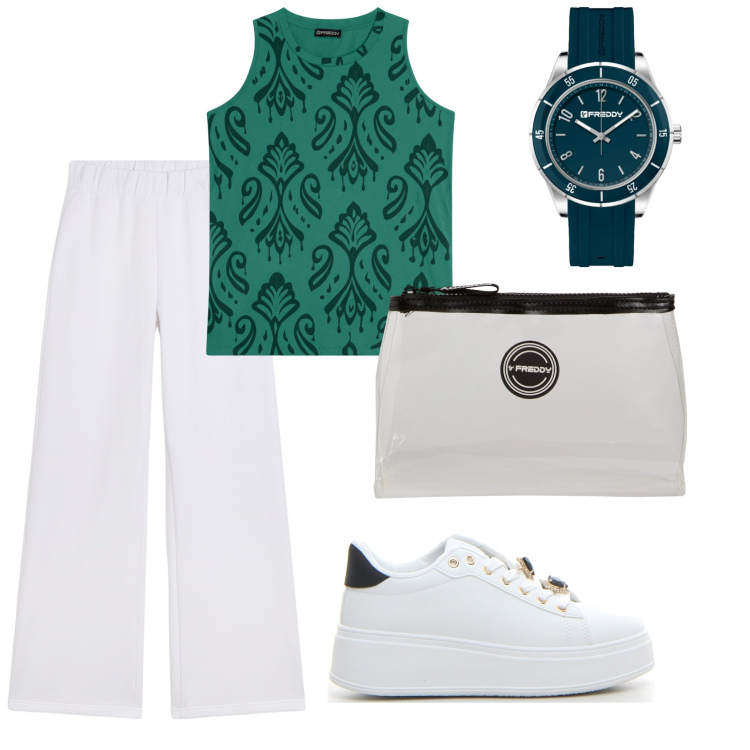 Outfit donna - Freddy Sport. Stile Sporty chic per Sport. Abbinamento con canottiere, pantaloni, valigie, orologi, sneakers.