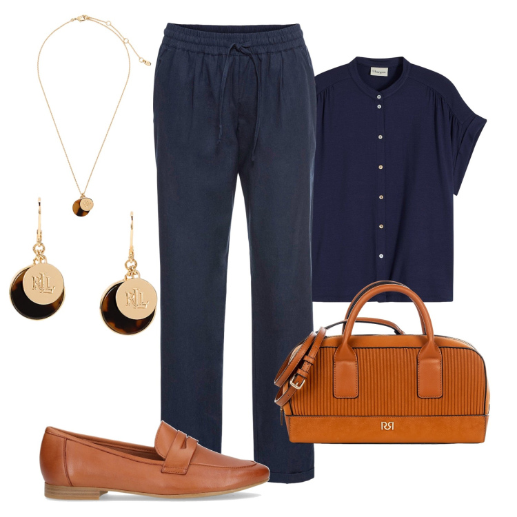 Outfit donna - Blu navy e cognac al lavoro. Stile Casual chic per Ufficio. Abbinamento con camicie, pantaloni, borse a mano, orecchini, collane, mocassini.