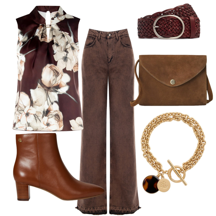 Outfit donna - Vintage in marrone. Stile 70s per Tutti i giorni. Abbinamento con jeans dritti, top, borse a tracolla, braccialetti con ciondoli, stivaletti, cinture.