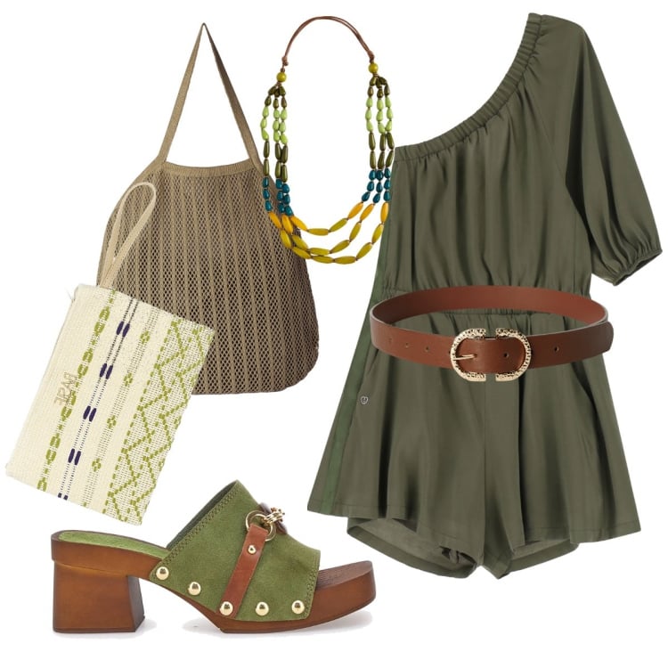 Outfit donna - La tuta monospalla. Stile Boho per Tutti i giorni. Abbinamento con borse tote, cinture, tute, zoccoli, collane, pochette.