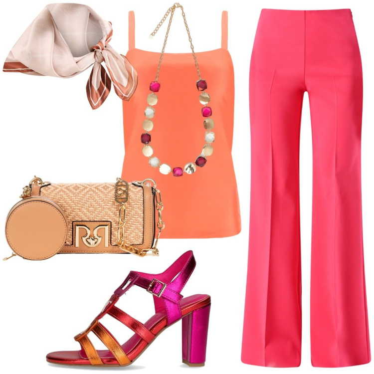 Outfit donna - Sandali protagonisti. Stile Chic per Serata fuori. Abbinamento con borse a tracolla, foulard, pantaloni a palazzo, canottiere, collane, sandali col tacco.