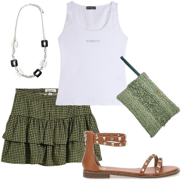 Outfit donna - E siamo in Agosto....... Stile Casual chic per Tutti i giorni. Abbinamento con gonne, canottiere, sandali, pochette, collane.