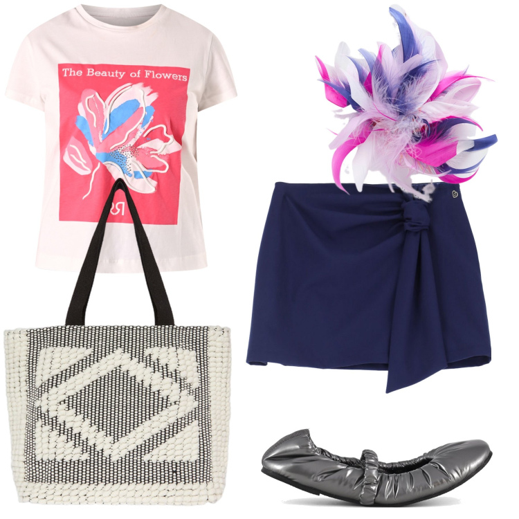 Outfit donna - Flowers. Stile Trendy per Tutti i giorni. Abbinamento con t-shirt, minigonne, ballerine, shopping bag, accessori per capelli.