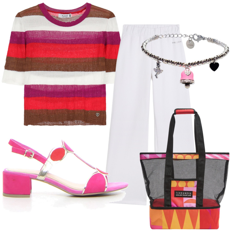 Outfit donna - Allegra pizza con amici. Stile Trendy per Serata fuori. Abbinamento con borse tote, maglieria, pantaloni, braccialetti, sandali col tacco.
