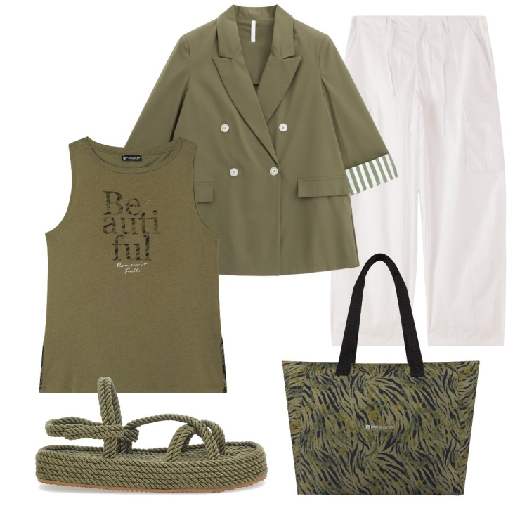 Outfit donna - Verde protagonista. Stile Casual chic per Tutti i giorni. Abbinamento con pantaloni cargo, blazer, shopping bag, canottiere, sandali.