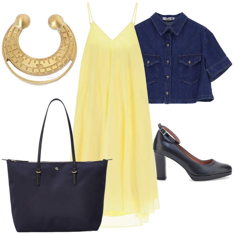 Outfit donna - Fresca serata a spasso per la città. Stile Urban per Tutti i giorni. Abbinamento con camicie, vestiti midi/longuette, borse tote, décolleté, orecchini.