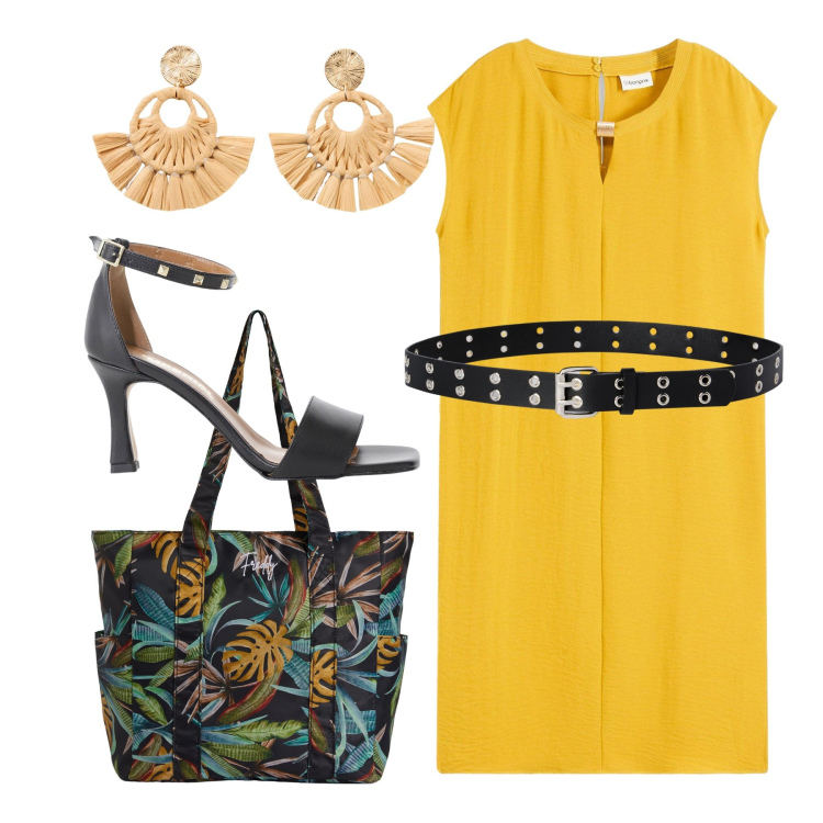 Outfit donna - Giallo sole. Stile Bon Ton per Tutti i giorni. Abbinamento con orecchini, vestiti, cinture, sandali col tacco, shopping bag.