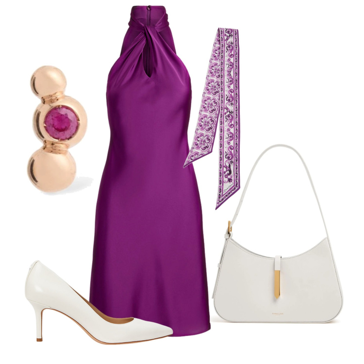 Outfit donna - Al party estivo. Stile Glamour per Serata fuori. Abbinamento con vestiti, décolleté, borse a spalla, orecchini, foulard.