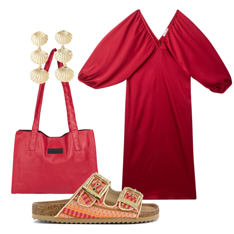 Outfit donna - Roja mariposa. Stile Chic per Serata fuori. Abbinamento con vestiti lunghi, orecchini, shopping bag, sandali.