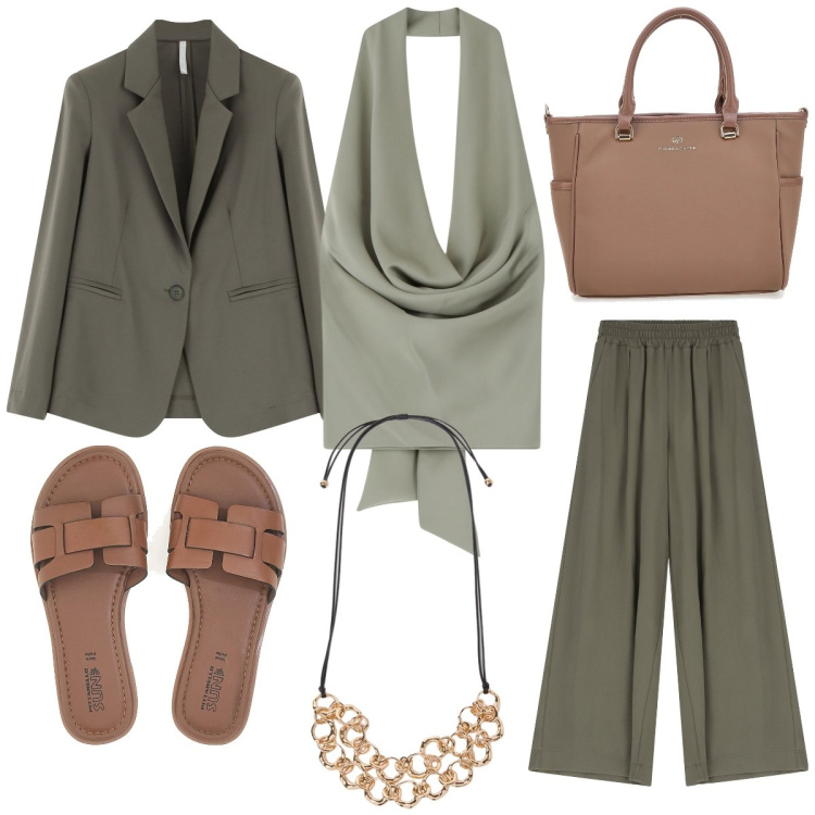 Outfit donna - Il top protagonista. Stile Casual chic per Serata fuori. Abbinamento con top, pantaloni, blazer, collane, borse a tracolla, ciabatte.